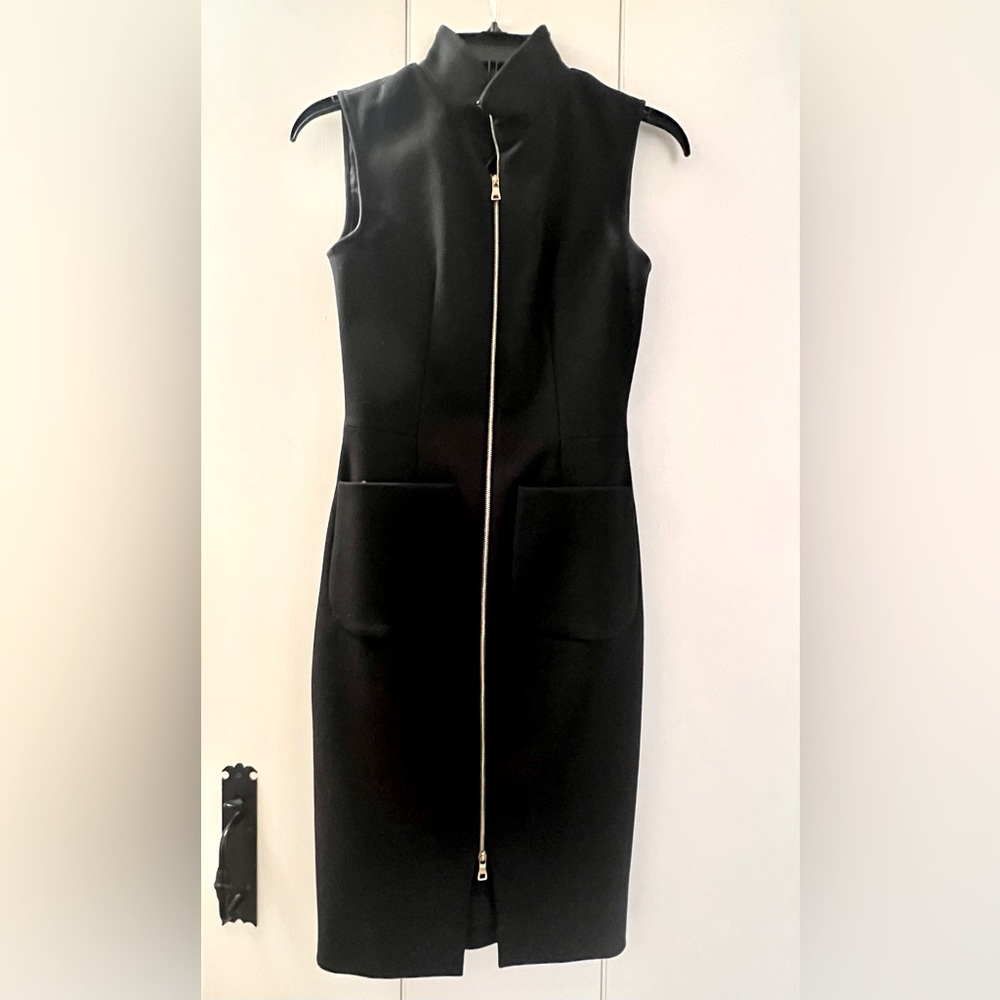 L'AGENCE Black Sheath Midi Dress with Mock Neck